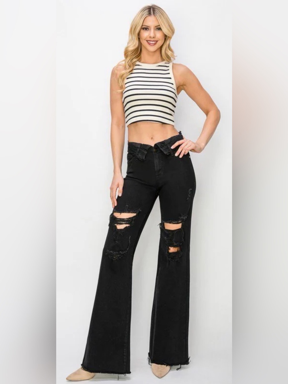 Risen Jeans Folded  High-Waist  Black Distressed Wide Leg Jeans 0/24